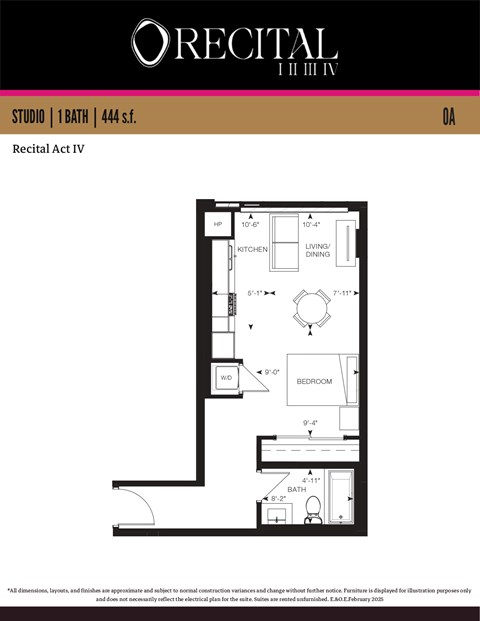 Floor plan for studio, 1 bath, 444 sqft